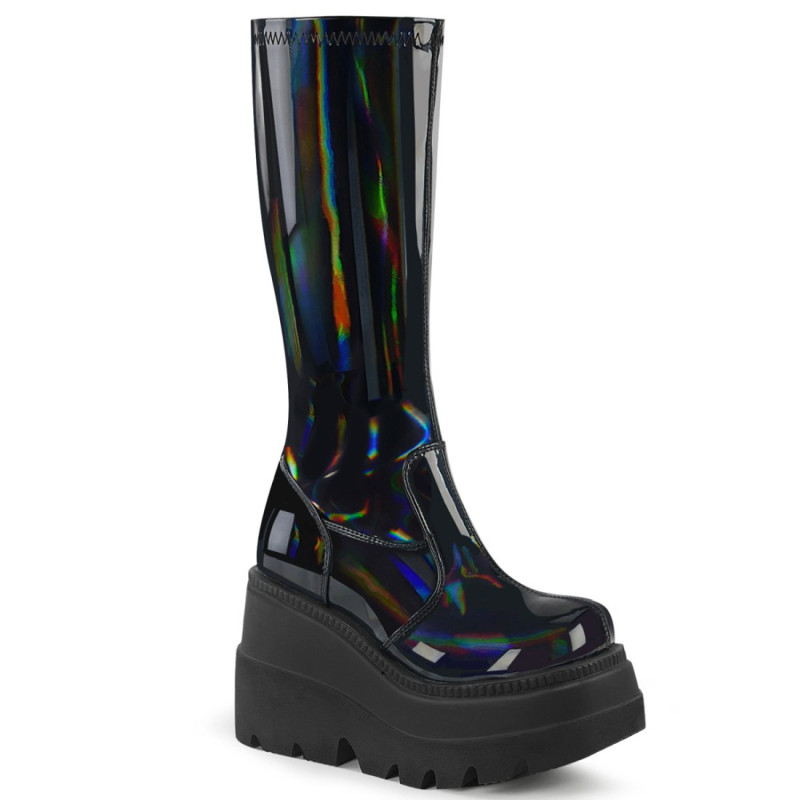 Demonia SHAKER-65 Black Hologram Platform Wedge Boots