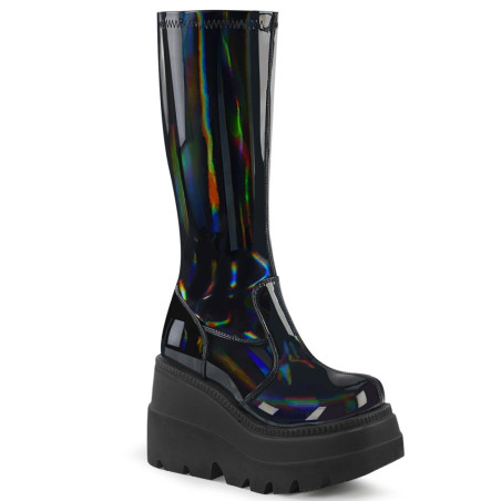 Demonia SHAKER-65 Black Hologram Platform Wedge Boots