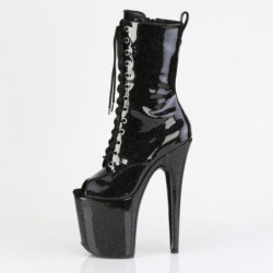 Pleaser FLAMINGO-1041GP Black Glitter Patent Ankle Boots
