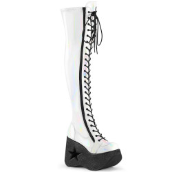 Demonia DYNAMITE-300 White Thigh High Wedge Boots