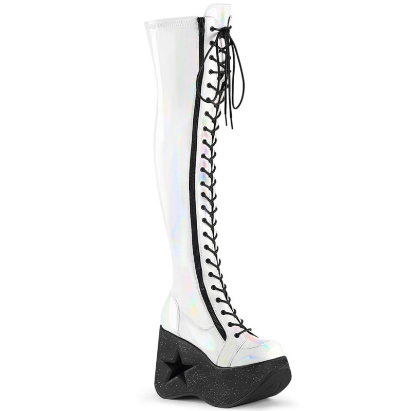 Demonia DYNAMITE-300 White Thigh High Wedge Boots Demonia DYNAMITE-300 White Thigh High Wedge Boots